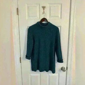 Lands End sweater turtle neck ribbed blue green large petite